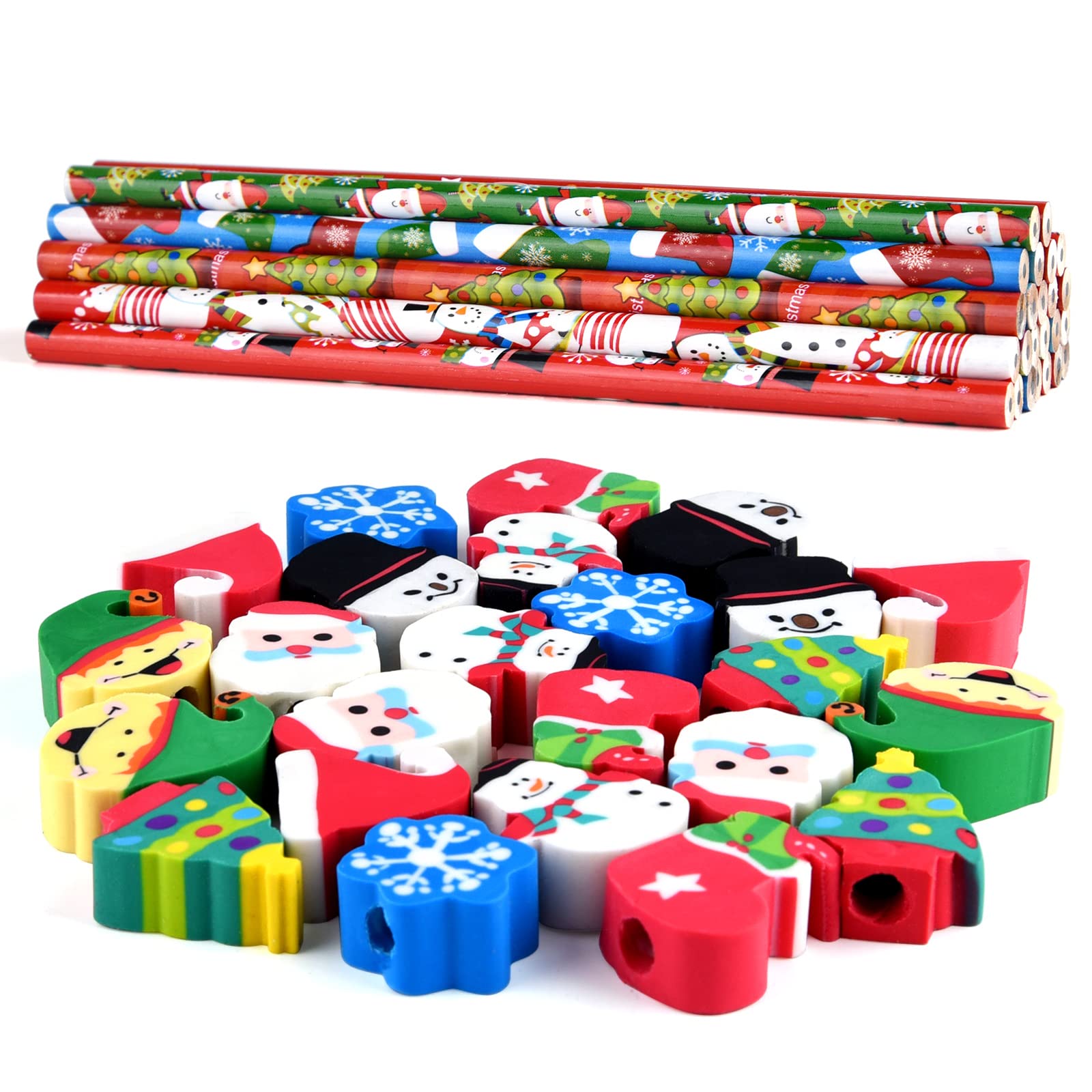 PLULON 24 Pieces Christmas Pencils with 24 Pieces Cute Eraser Holiday Pencils with Christmas Elements of Santa Claus, Elk, Sleigh, Bell for Xmas Party Supplies