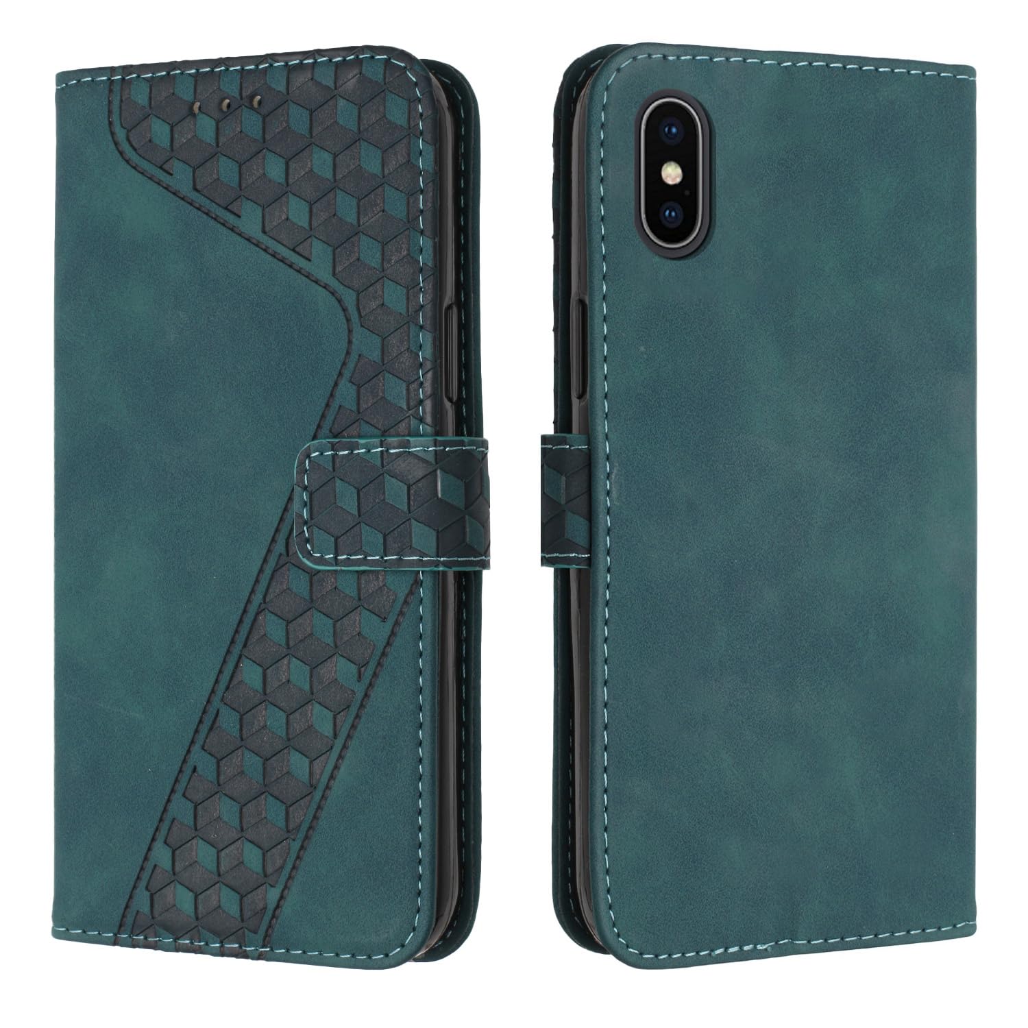 TOHULLE for iPhone XS Max Case, Premium Leather Wallet Case Card Holder Kickstand Magnetic Closure Plaid Pattern Embossed Design Flip Folio Wallet Cover for iPhone XS Max - Green