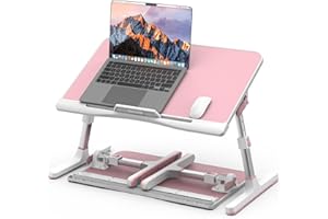 Adjustable Laptop Desk for Bed, Potuopy Leather Bed Table Tray with Removable Stopper, Portable & Lightweight Bed Desk for Working Writing Drawing Eating, Pink (21.65"*13")
