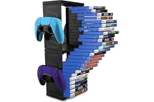 SIKEMAY Game Storage Tower for PS5/PS4/Xbox Series S & X - Universal Video Game Disc Organizer with 24 PCS Holders, 4 Controller Slots & Stand Rack Accessories - Black