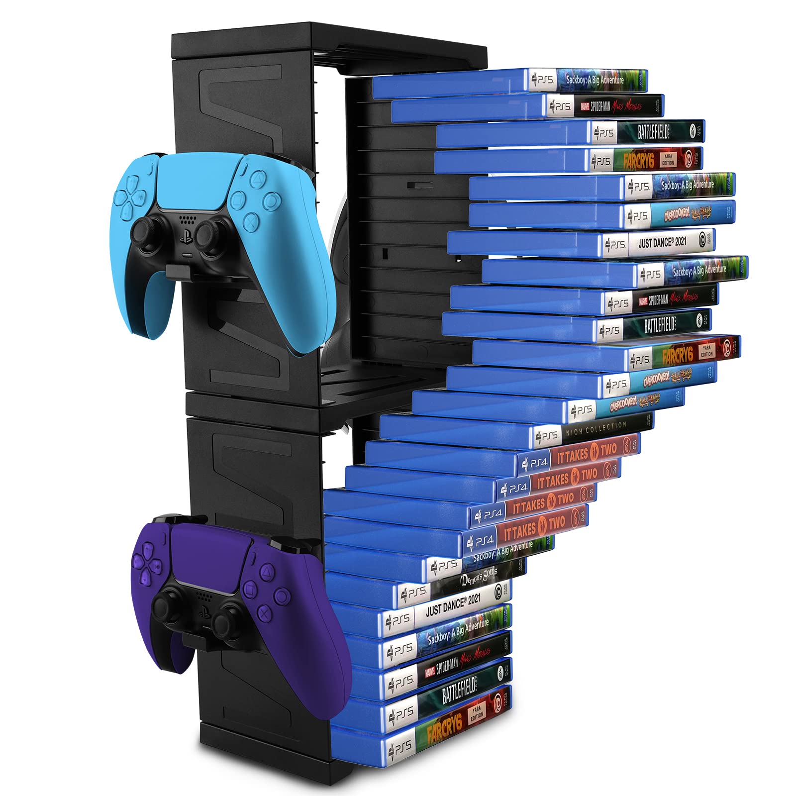 SIKEMAY Game Storage Tower for PS5/PS4/Xbox Series S & X - Universal Video Game Disc Organizer with 24 PCS Holders, 4 Controller Slots & Stand Rack Accessories - Black