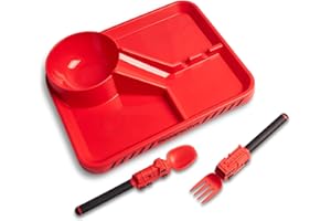 Dinneractive Dining Set For Kids - 3PC Red Firefighter Dinnerware - Fire Truck Utensils - Toddler Plates - Baby Dishes