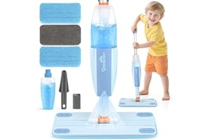Dreamon Kids Spray Mop - Real Working Toddler Cleaning Set with Water Sprayer & 3 Washable Mop Pads & Scraper, Pretend Play Montessori Housekeeping Toys Gifts for Toddlers Kids Girls Boys(Blue)