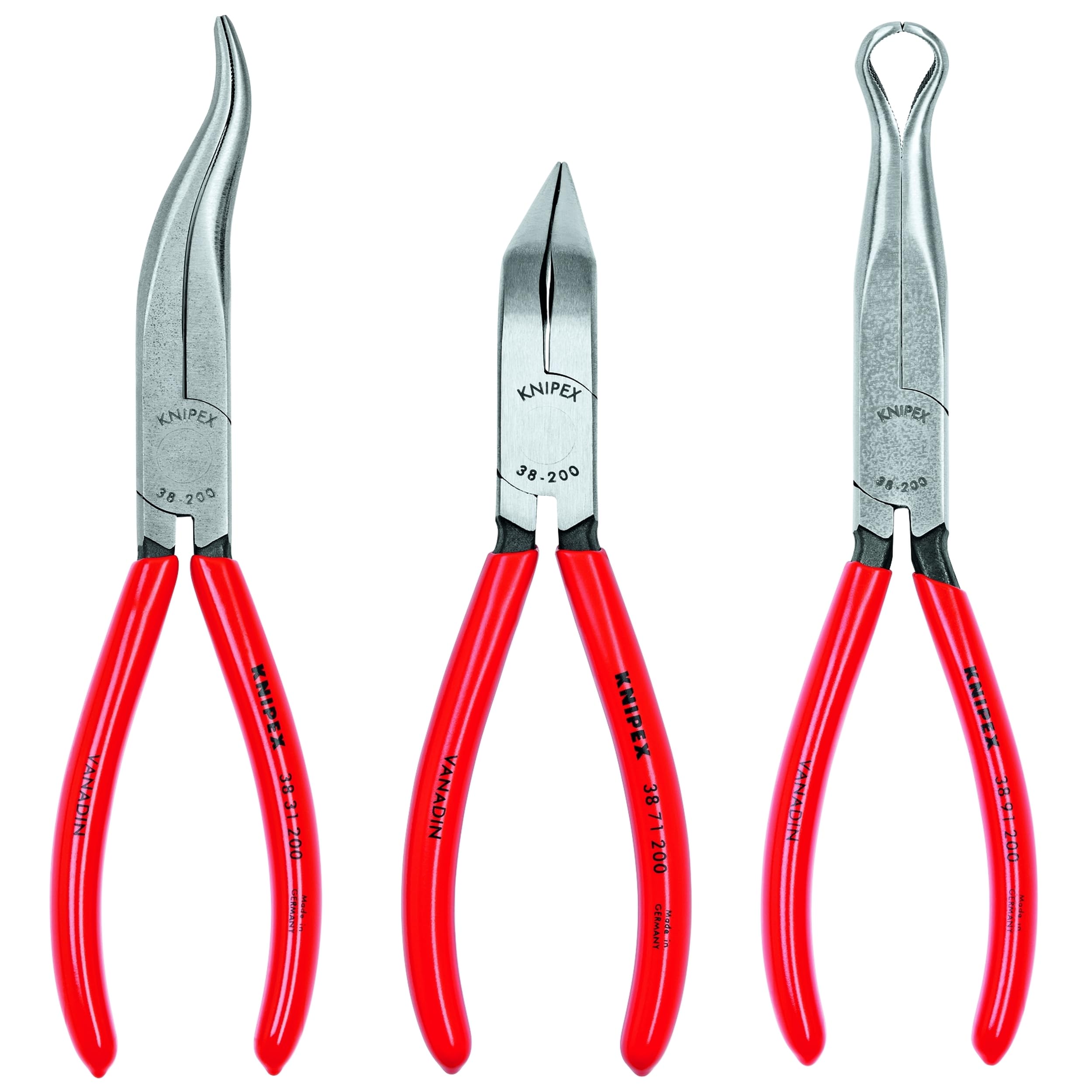 KNIPEX - 9K 00 80 12 US Tools - 3 Piece Long Nose Tool Set (38 31 200, 38 71 200, 38 91 200) (9K008012US) Red
