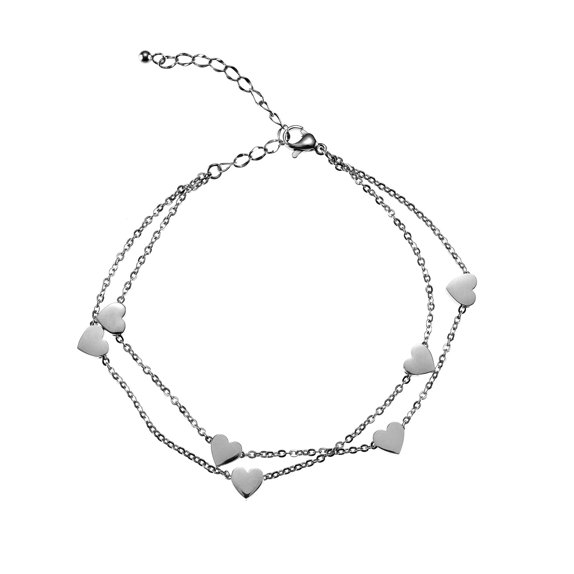 ZAVANA Heart Anklet for Women. Rose Gold and Silver Ankle Chain with Heart Shaped Charms (Silver)