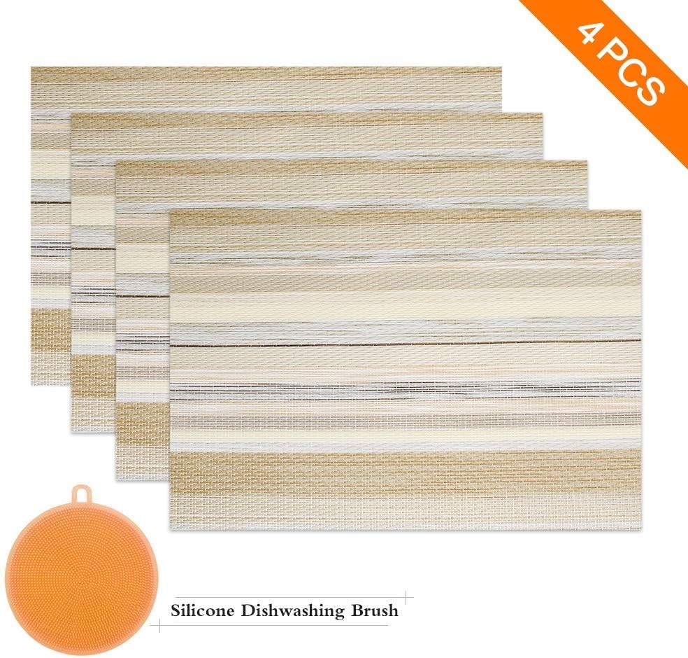 Sayopin Placemats, Placemats for Dining Table Set of 4 , Heat-Resistant Non-Slip Woven Place Mats for Kitchen Table Mats Vinyl Stain Resistant Christmas Placemats (4,Yellow Stripes)