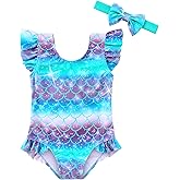 Redair Toddler Girl Swimsuit One Piece Baby Bathing Suit Ruffle Kids Swimwear with Headband for 12M-5T