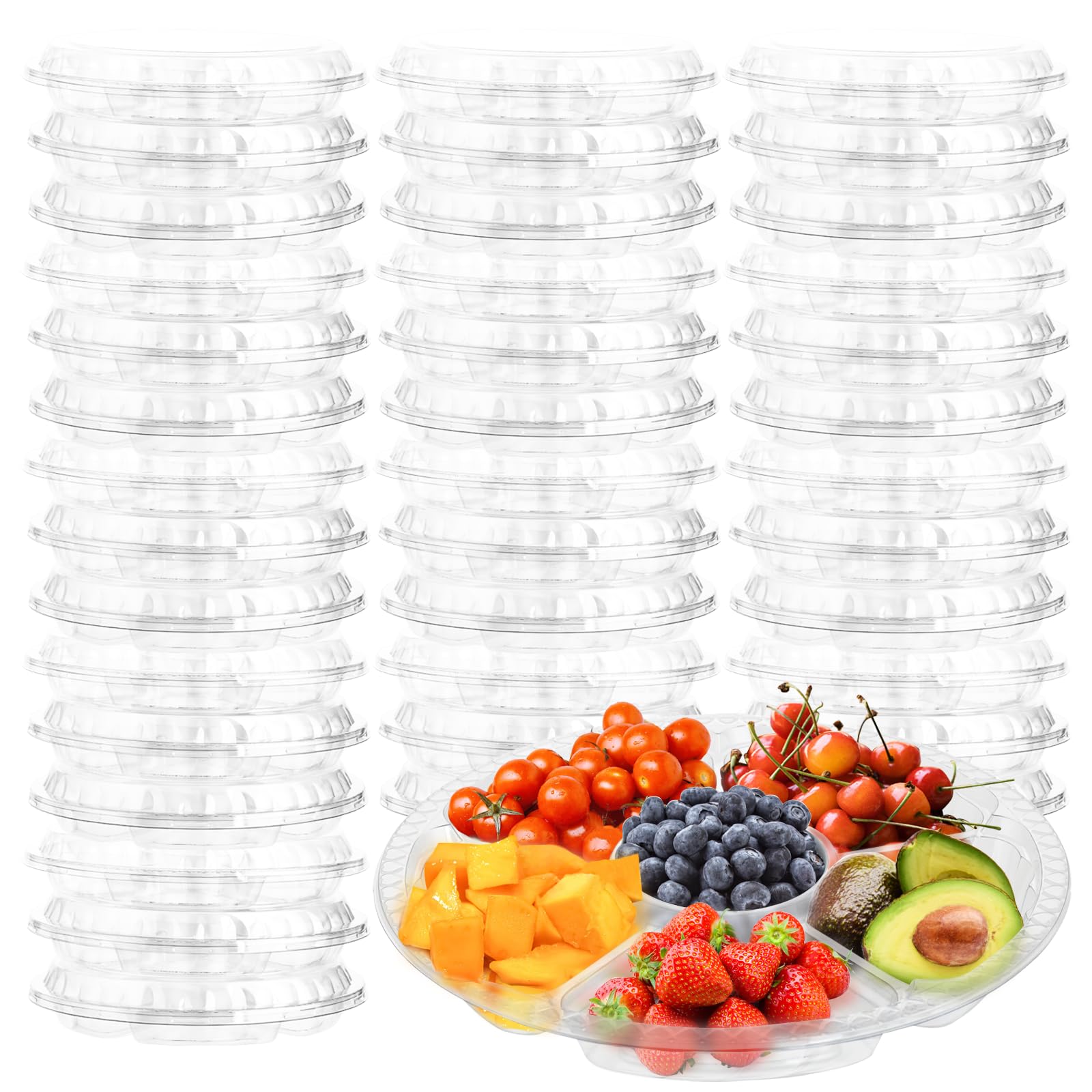Photo 1 of 30 Pack Fruit Trays for Serving for Party, 6 Divided Compartment Disposable Party Platters for Vegetable Fruit Snack Nut, Plastic Veggie Tray with Lid for Buffet Catering?10.4 Inch? (Clear)