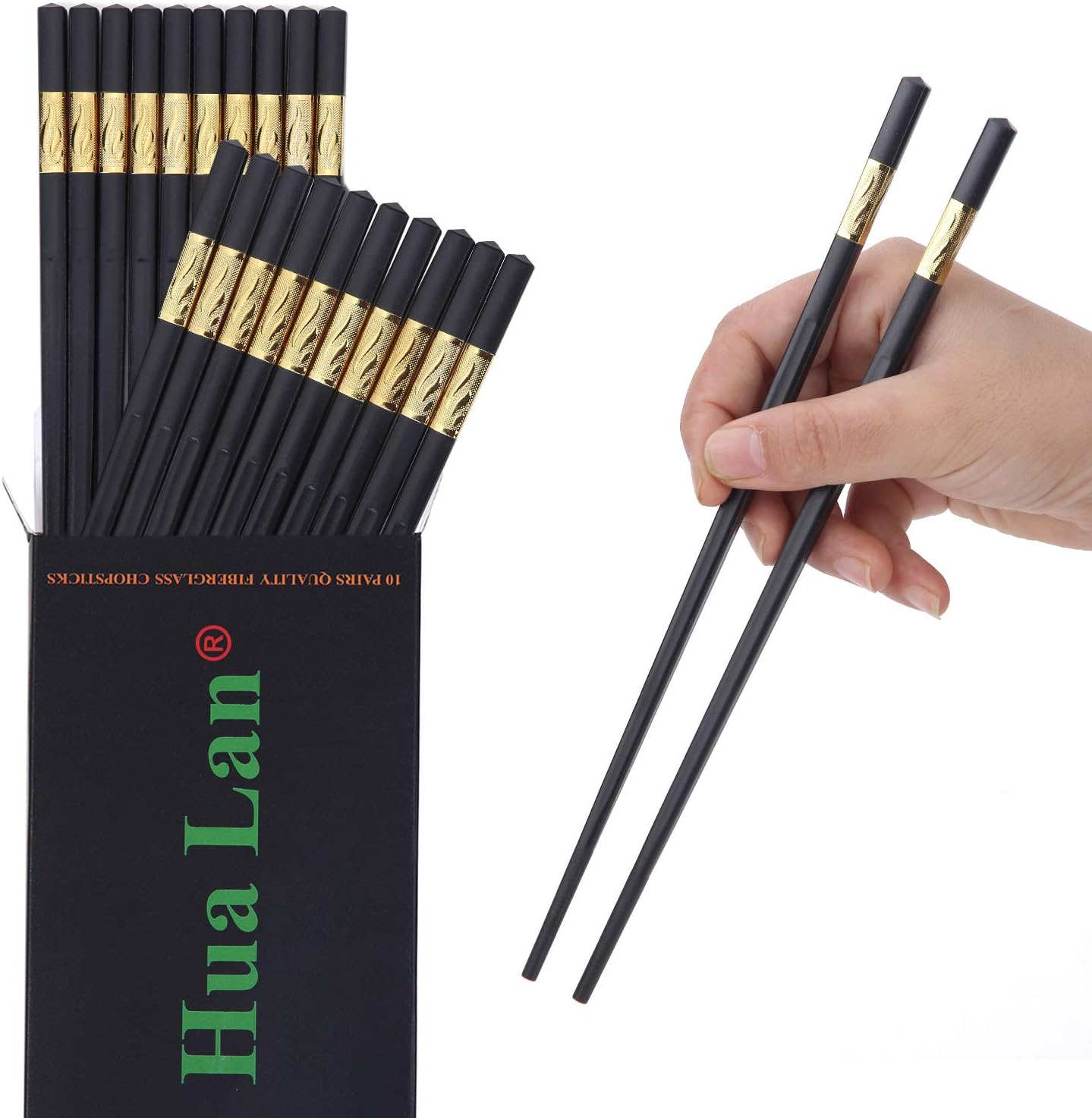HuaLan Reusable Fiberglass Chopsticks 10 Pairs DishwasherSafe