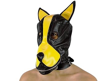 Petplay Hundemaske mit Stopfknebel schwarz gelb Hunde Maske Dog Mask