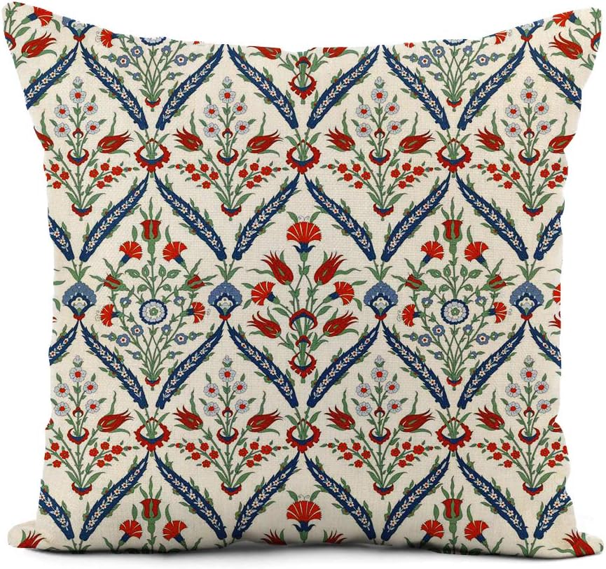 rouihot Linen Throw Pillow Cover Blue Turkish Traditional Floral Ornamental Pattern Iznik Gray Tulip Home Decor Pillowcase 18x18 Inch Cushion Cover for Sofa Couch Bed and Car