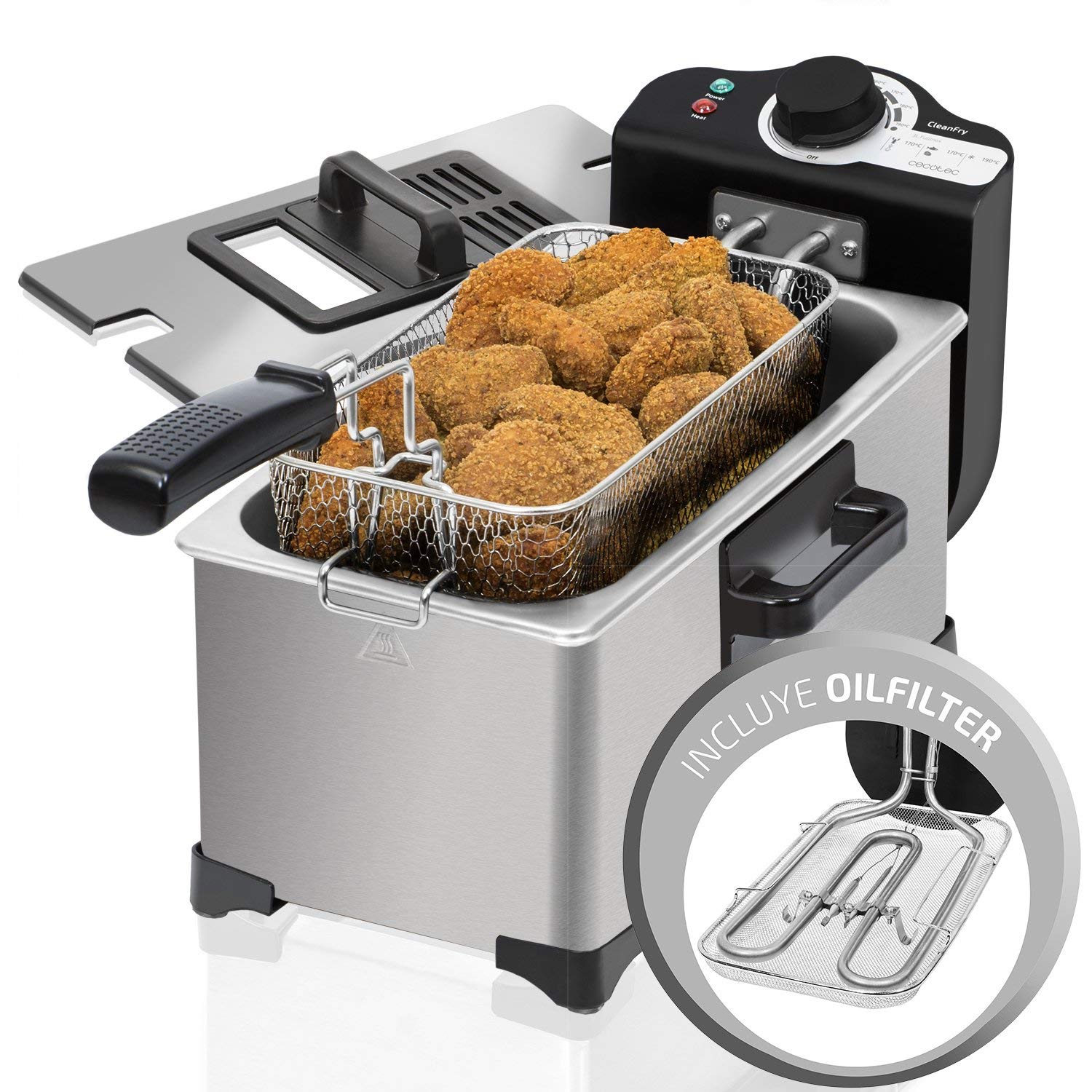 Cecotec Friteuse Électrique Cleanfry 3 L. 3 L, Jusqu’À 190 ºc, Cuve Émaillée Qui Convient Pour Un Nettoyage Dans Le Lave-Vaisselle , Filtre Oilcleaner Pour Maintenir L’Huile Propre, 2000 W. (3 L, Inox)