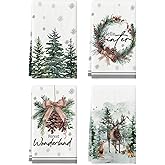 Artoid Mode Elk Trees Pine Cones Holly Berry Hello Winter Kitchen Towels Dish Towels, 18x26 Inch Bowknot Christmas Decoration Hand Towels Set of 4