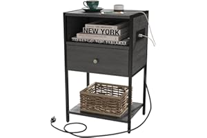 LDTTCUK Nightstand with Charging Station, Modern End Table with Drawer, Bedside Table with Open Storage for Bedroom, Grey