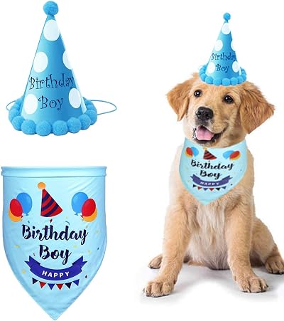 SUOXU Dog Birthday Bandana Hat Set Cotton Triangle Scarf Small Medium Dogs