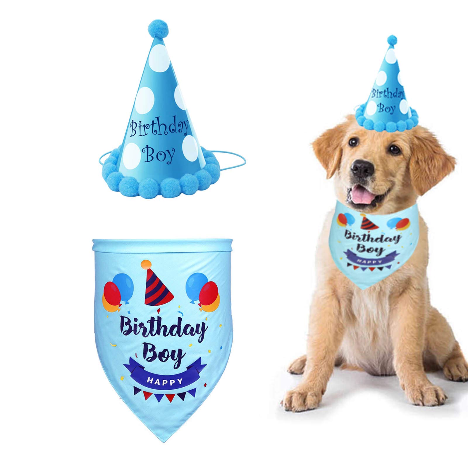 SUOXU Dog Happy Birthday Bandana Hat, Cute Boy Birthday Party Supplies,Cotton Triangle Scarf for Small Medium Large Dog Party Outfit Birthday Cake Gift Decoration Set — image 1