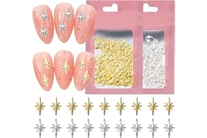 XEAOHESY 400pcs Gold Silver Star Nail Charms Metal Nail Rivets Gold Silver Cross Nail Charms Gold Nail Charms Silver Nail Studs Star Nail Art Decoration for Nails（0.16 * 0.31inch）