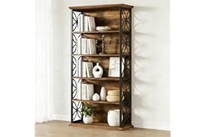 LITTLE TREE 71" Tall Industrial Bookshelf, 6-Tier Tall Bookcase, Wood Bookshelf with Metal Frame, Standing Bookcase for Home 