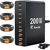 USB C Charging Station 10 Port with 4 USB Cables, 200W GaN Type C Charger Block, Wall Charger Power Strip Adapter Plug for iPad iPhone17 16 15 14 13 12 Pro Max Pixel Note Galaxy