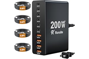 RORUITE USB C Charging Station 10 Port with 4 USB Cables, 200W GaN Type C Charger Block, Wall Charger Power Strip Adapter Plug for iPad iPhone17 16 15 14 13 12 Pro Max Pixel Note Galaxy