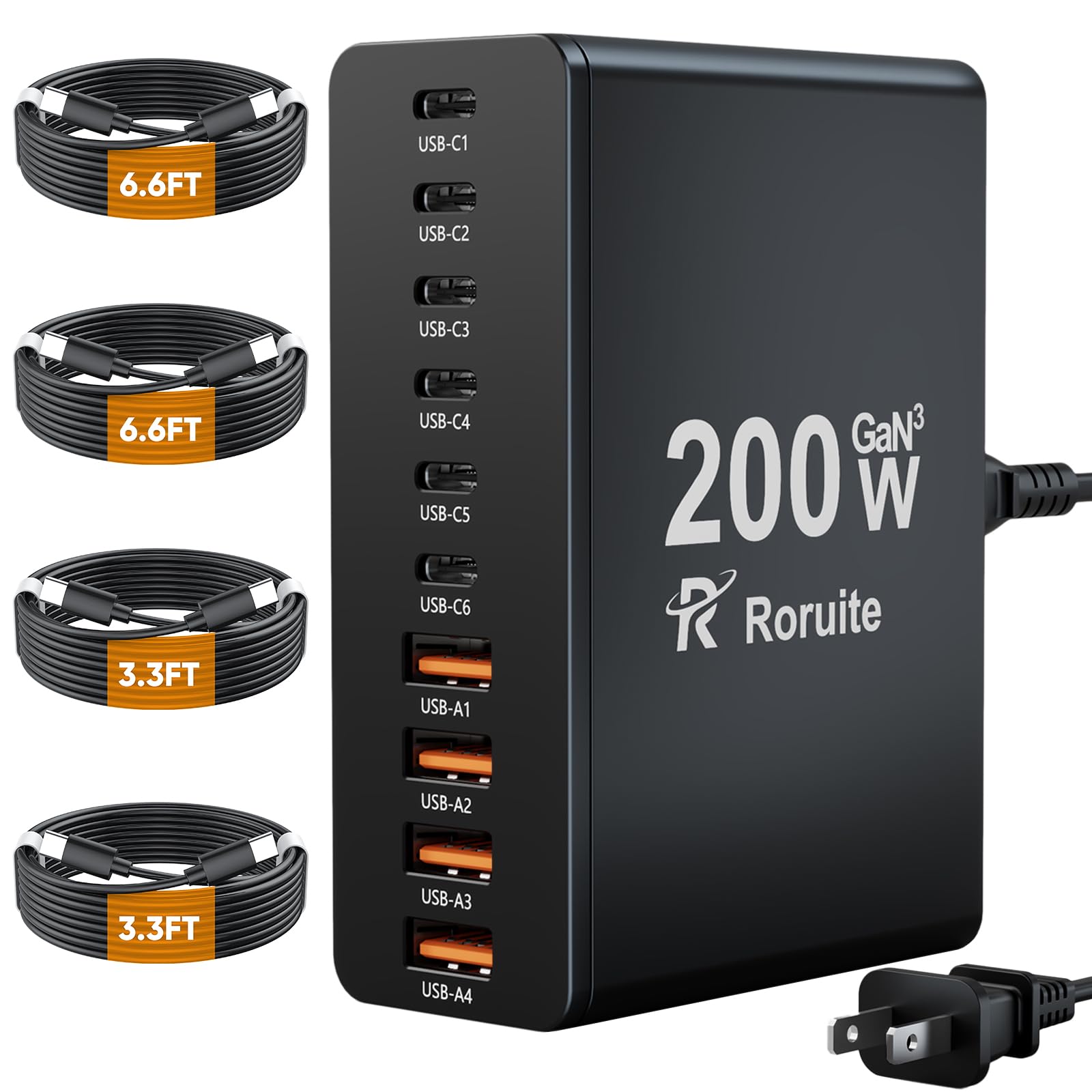 Photo 1 of USB C Charging Station 10 Port with 4 USB Cables, 200W GaN Type C Charger Block, Wall Charger Power Strip Adapter Plug for iPad iPhone16 15 14 13 12 Pro Max Pixel Note Galaxy