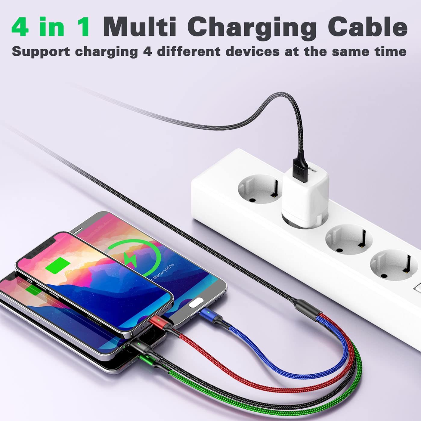 Multi Charging Cable 4A, [5Ft/ 2Pack] 4 in 1 Charger Cable,Braided Multiple USB Cable Universal Phone Charging Cord with IP/Type C/Micro USB Port for iPhone16/15/14/13 Series/Samsung Series/PS & More