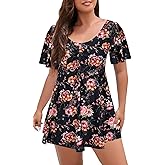 ECUPPER Womens One Piece Swimsuit with Sleeves Plus Size Swim Dress Modest Tummy Control Skirt Bathing Suit Built in Shorts