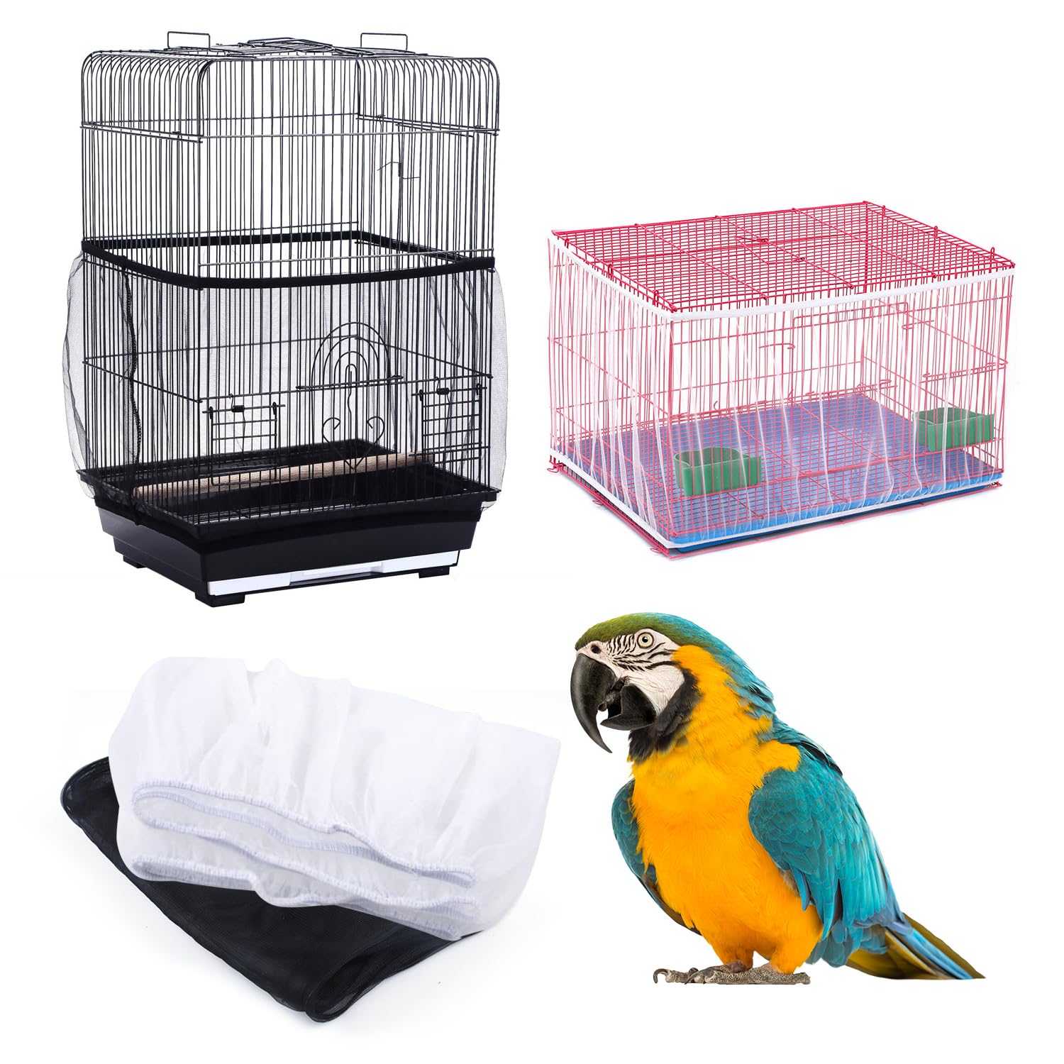 SYEYCW 2 Pcs Bird Cage Seed Catcher, Universal Soft Net Cover, Stretchy Ventilate Dustproof Cover, Skirt Guard, for Parrot, Parakeet, Macaw, African Round Square Cages
