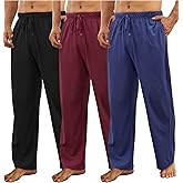 Wenouy 3 Pack Mens Cotton Pajama Pants, Lightweight Lounge Pj Bottoms for Men Soft Sleep Pants with Pockets & Drawstring
