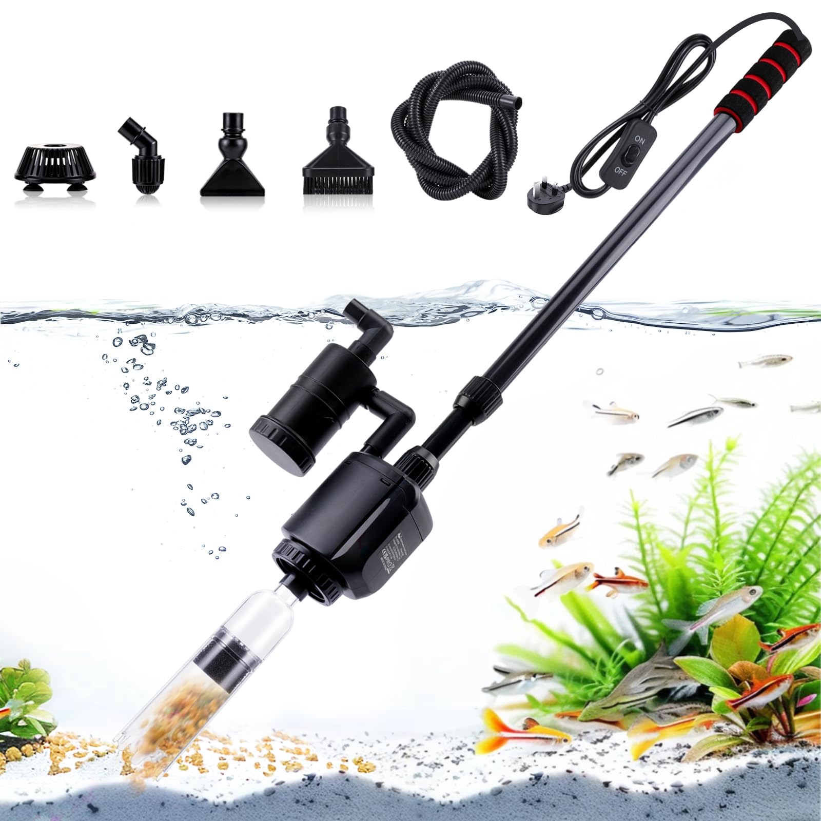AQQA Aquarium Gravel Cleaner,6 in 1 Fish Tank Vacuum Gravel Cleaner,20W Automatic Aquarium Cleaning Kit,Fish Tank Cleaner for Water Change,Sand Wash