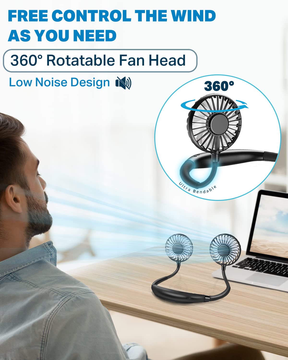Neck Fan, Hand Free Portable Neck Fans For Women, Kids, and Men, 3 Speed Adjustable Hanging Around Necklace Fan, Rechargeable Battery Operated Wearable Fan Personal Fans Cooling Neck Fan