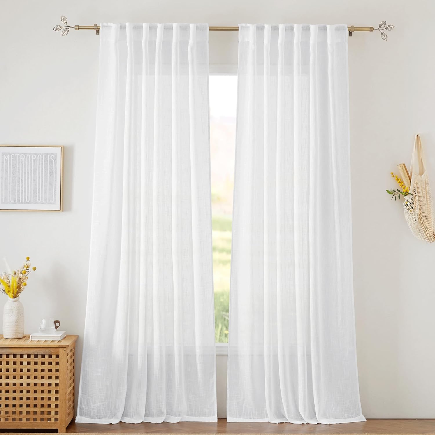 Window Treatments - RYB HOME Linen Sheer Curtains for Living Room Textured Semi Sheer Curtains Large Window Treatment for Bedroom Patio Door, White, 52 inch Width x 108 inch Length, 2 Panels