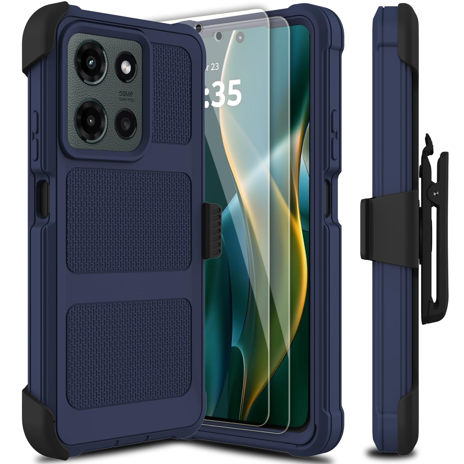 Leptech for Motorola Moto G 5G 2025/2026 Case, for Moto G Play 2026 Case with Tempered Glass Screen Protector, [Holster Series] Belt Clip Heavy Duty Shockproof Protective Cell Phone Case (Dark Blue)