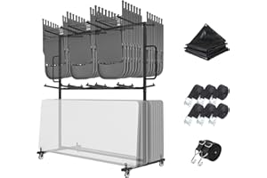 KOARDINK Folding Table and Chair Cart,Two Tier Folding Chair and Table Storage Rack with 800LBS Capacity for 84 Folding Chairs Heavy Metal Folding Chair Holder Rack with Rubber Locking Wheels,Straps and Cover