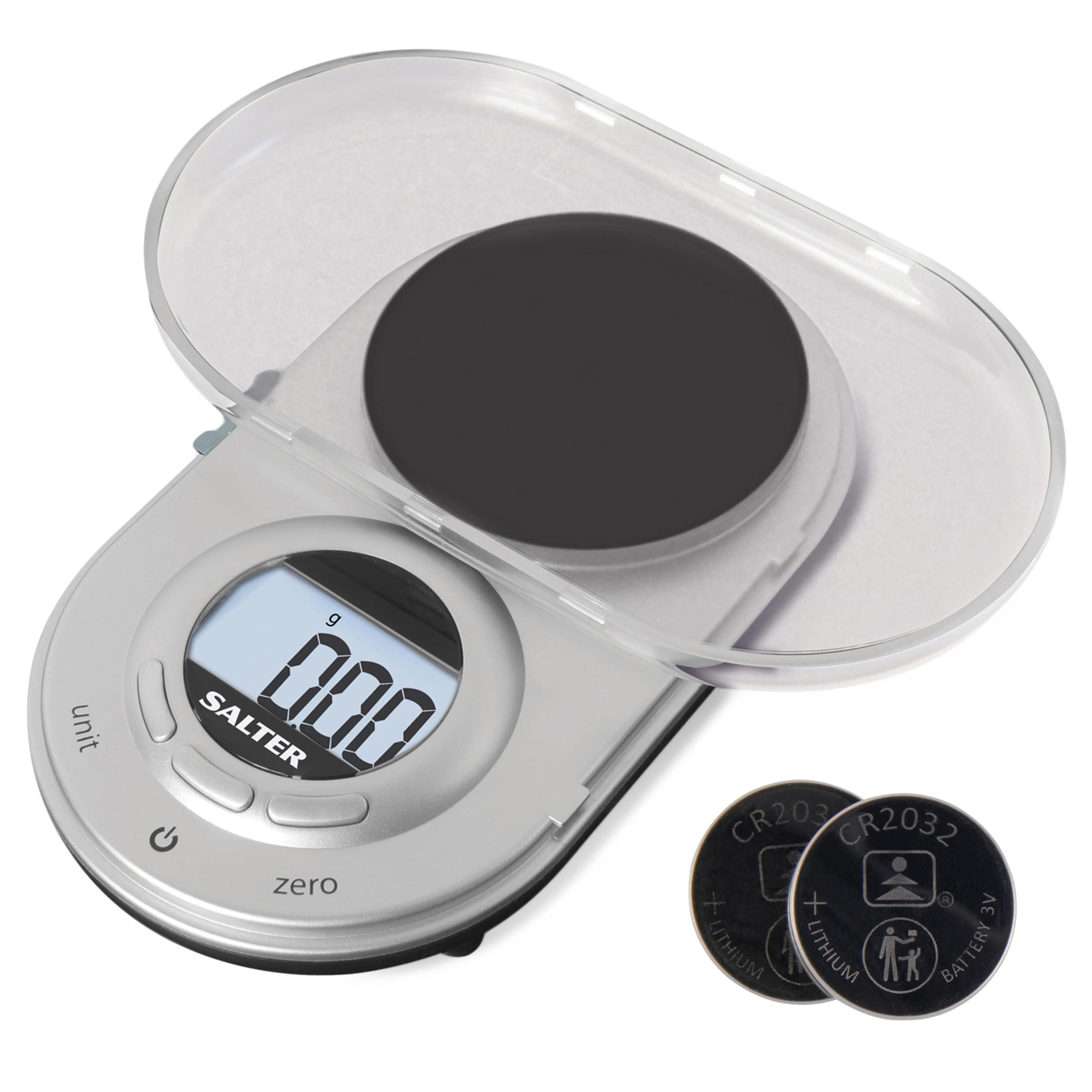 Salter 1260 SVDRA Precision Electronic Scale – Micro Pocket Digital Scales, 500g Capacity, In 0.05g Increments, Neat Storage, Large LCD Display, Compact, Discreet Design, For Jewellery, Spices, Coins