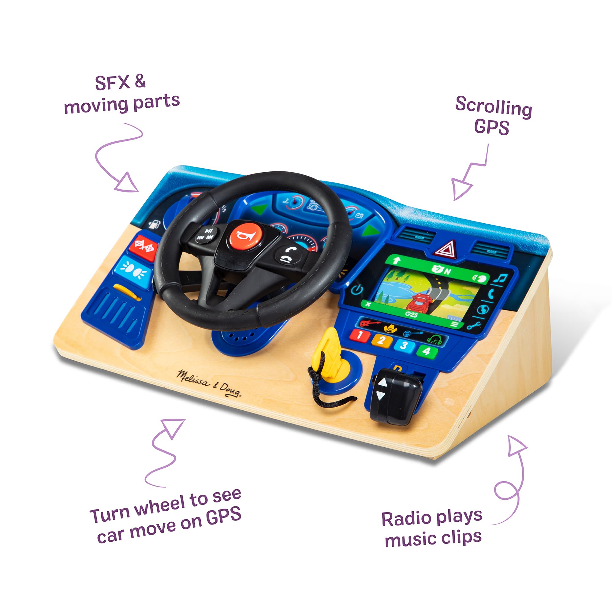 Melissa & Doug Vroom & Zoom, Interactive Wooden Dashboard, Racing Car Steering Wheel Toy, Lights & Sounds, Preschool Learning Toys for Girls & Boys 3+ - FSC Certified