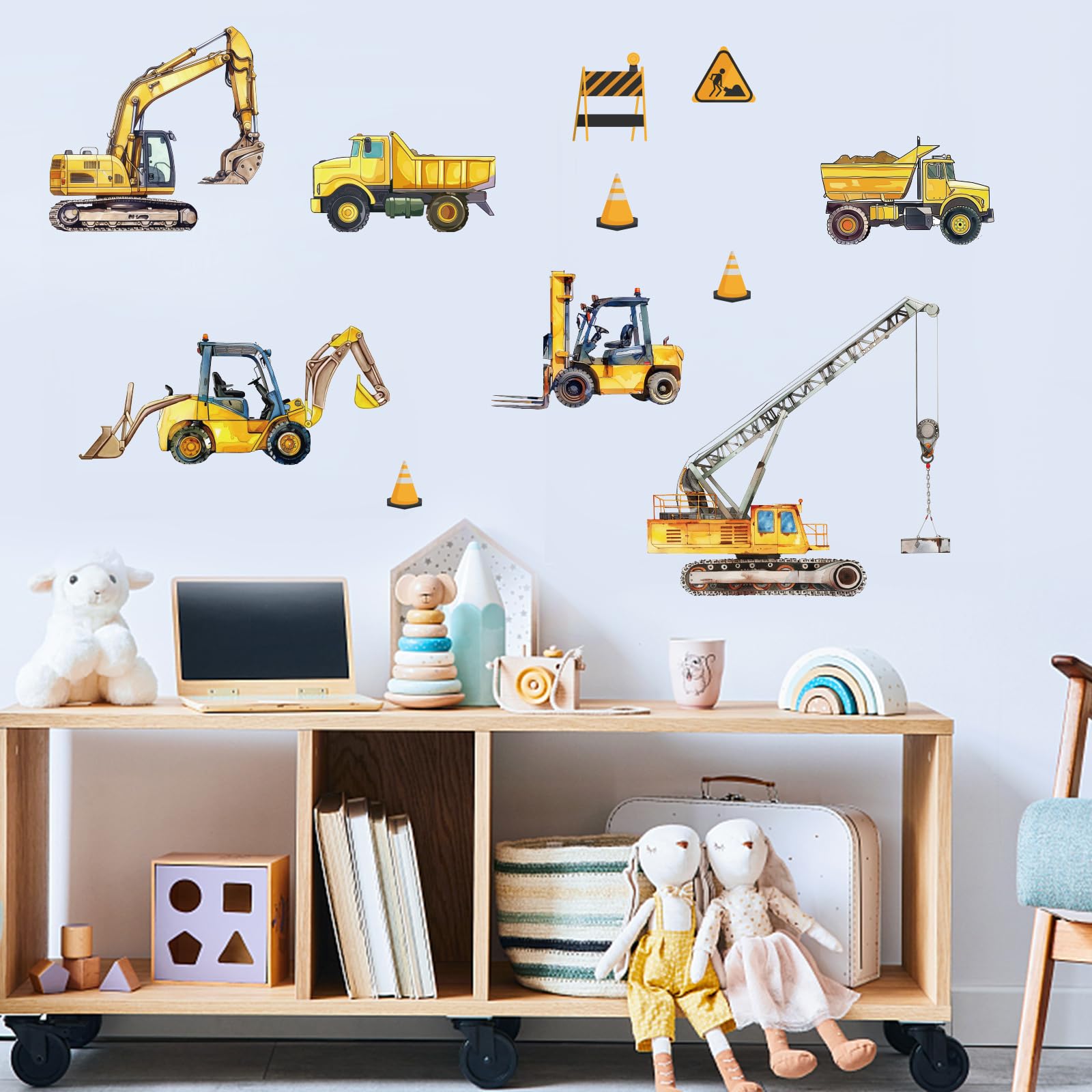 PLIGREAT 12 Pcs Construction Vehicles Wall Decals Watercolor Excavator Crane Tractor Wall Stickers Removable Vinyl Peel and Stick Wall Decals for Kids Bedroom Playroom Classroom Decoration Home Decor