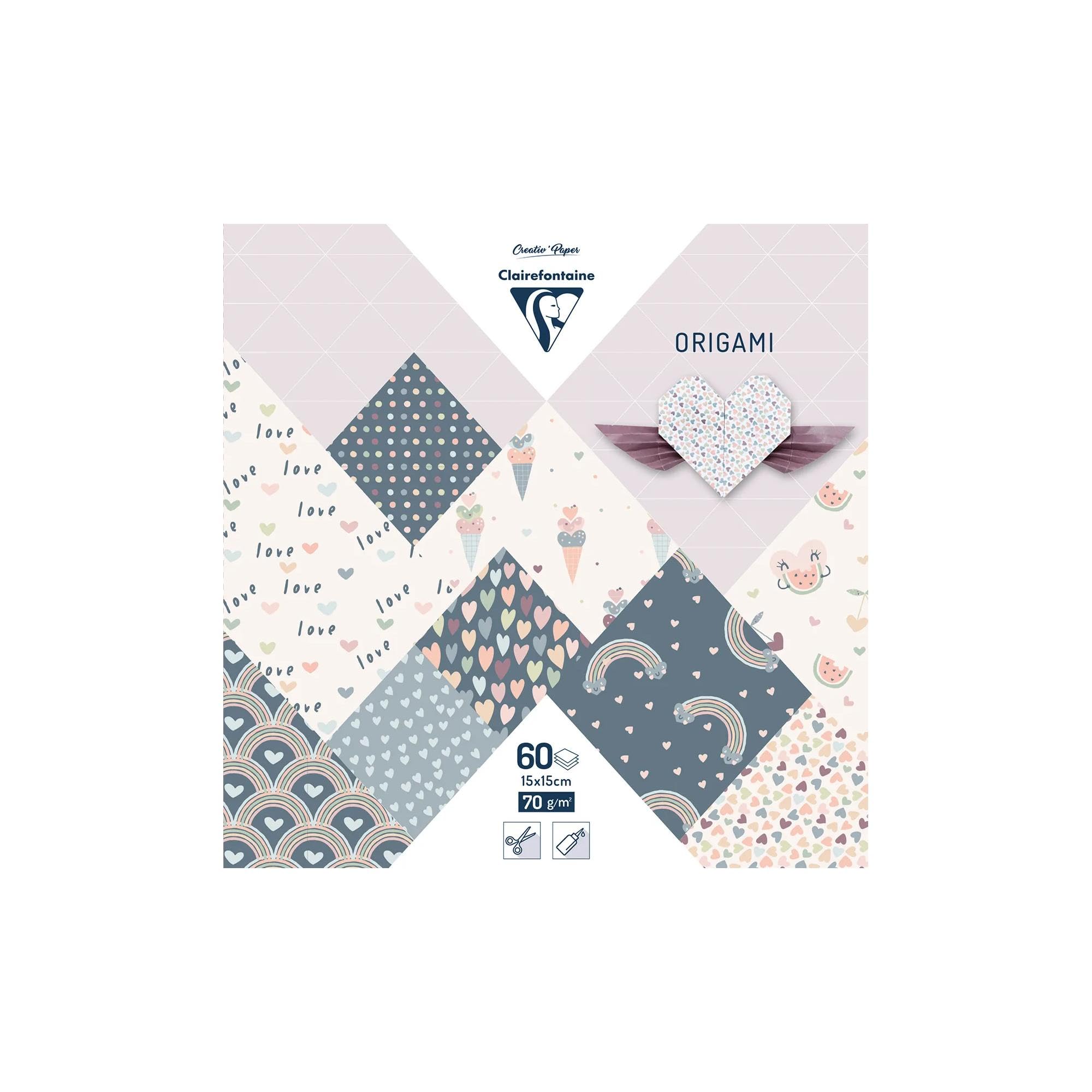 Clairefontaine 95356C 60 Sheets Origami Paper 70g/m² Format 15x15cm 30 Ast Coloured Designs 2 per design Creative Adults Children Little Love Collection