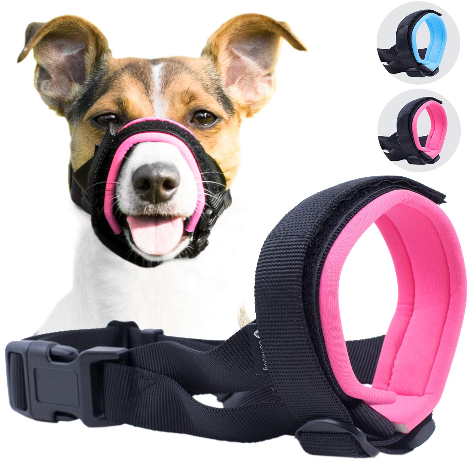 Gentle Muzzle Guard for Dogs - Prevents Biting and Unwanted Chewing Safely – New Secure Comfort Fit - Soft Neoprene Padding – No More Chafing – Training Guide Helps Build Bonds with Pet (Pink, M+)