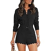 Tankaneo Womens 2 Piece Sweater Sets Casual Fall Outfits Button Down Long Puff Sleeve Knit Cardigan Shorts Loungewear