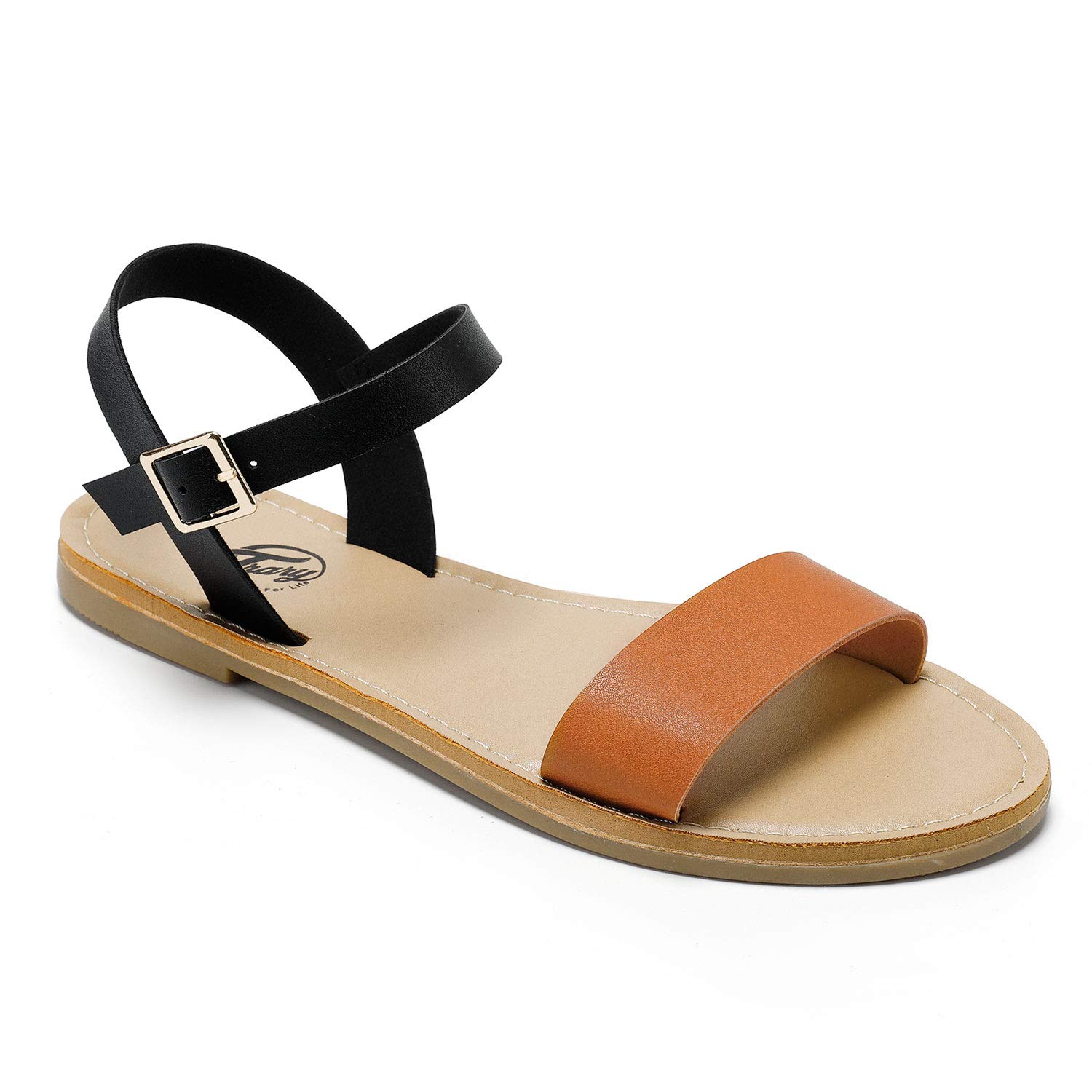 Trary Flat Sandals - Ankle Strap Casual Summer Sandals with Buckled Closure for Women Brown-Black 08