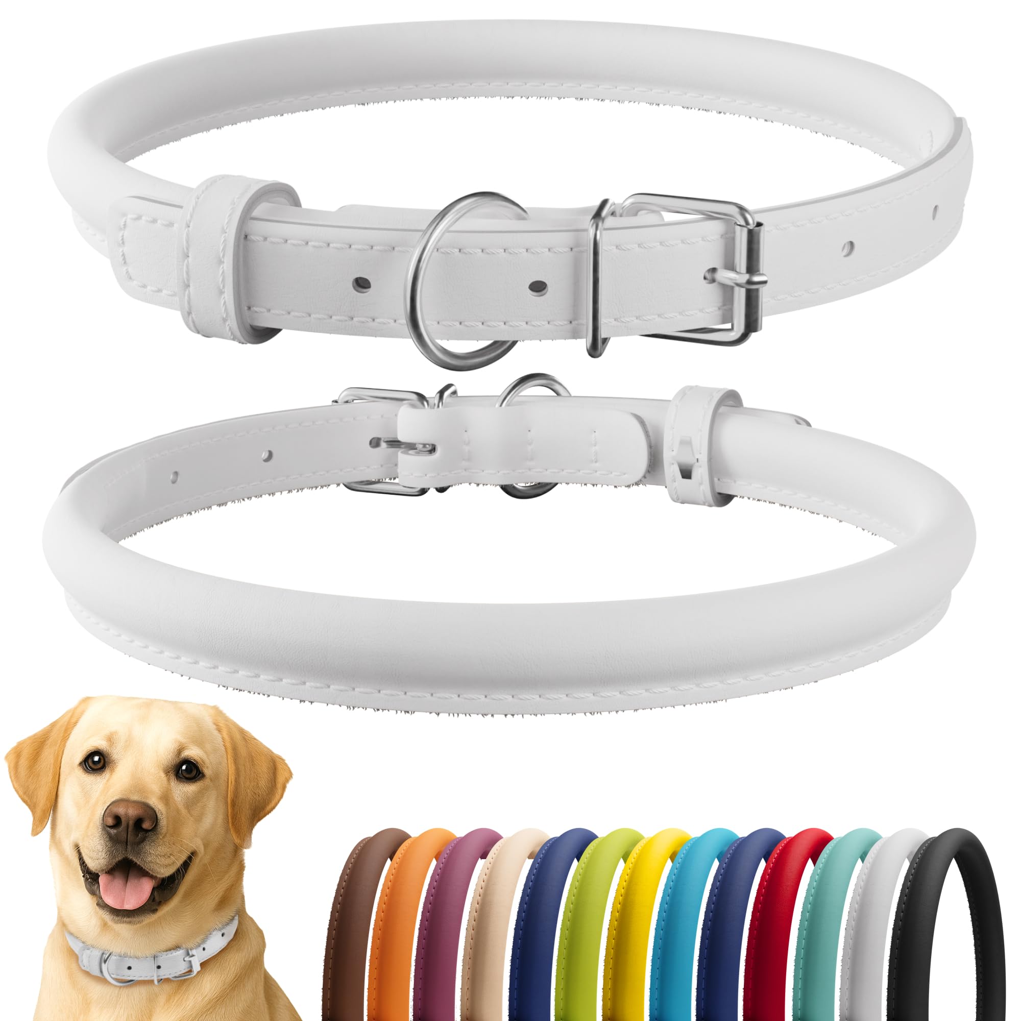 Photo 1 of CollarDirect Rolled Leather Dog Collar, Soft Padded Round Puppy Collar, Handmade Genuine Leather Collar Dog Small Large Cat Collars 13 Colors (18-22 Inch, White Smooth)
