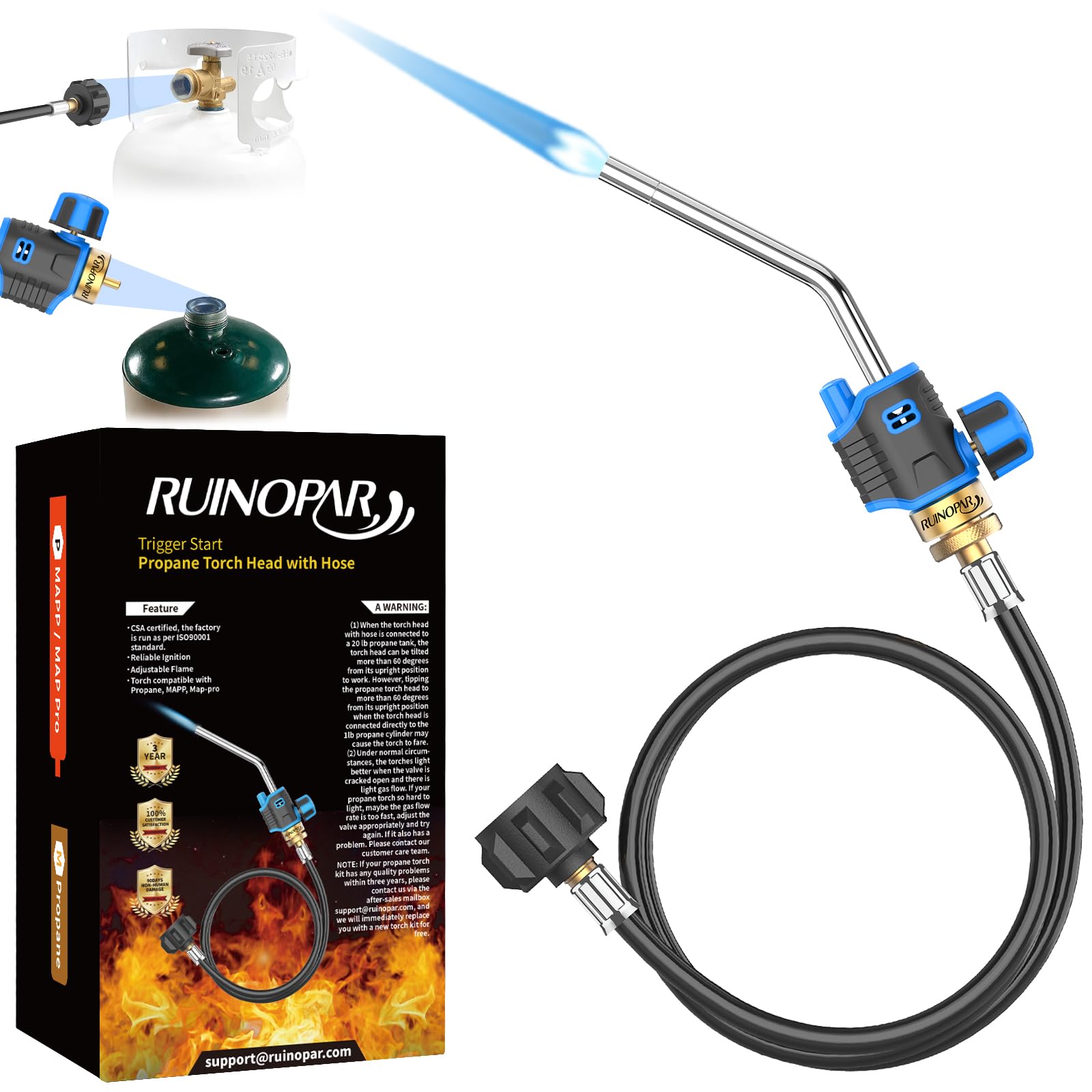 Photo 1 of Propane Torch Head Kit,Trigger Start Propane Torch Kit with 5FT Hose,Blow Torch Head with Rubber Wrapped Torch Body&Flame Knob,Fuel by Propane MAPP and Map-pro for Soldering,Brazing,Welding