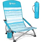 VILLEY Low Beach Chair, High Back Folding Chair for Adults, Lightweight and Portable for Outdoor, Camping, Lawn, Music Festival, with Cup Holder and Carry Bag - Blue Stripes