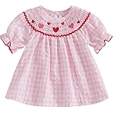Toddler Baby Girl Valentines Day Outfit Ruffle Smocked Heart Embroidery Dress Plaid Playwear Summer Outfit 6M-4T