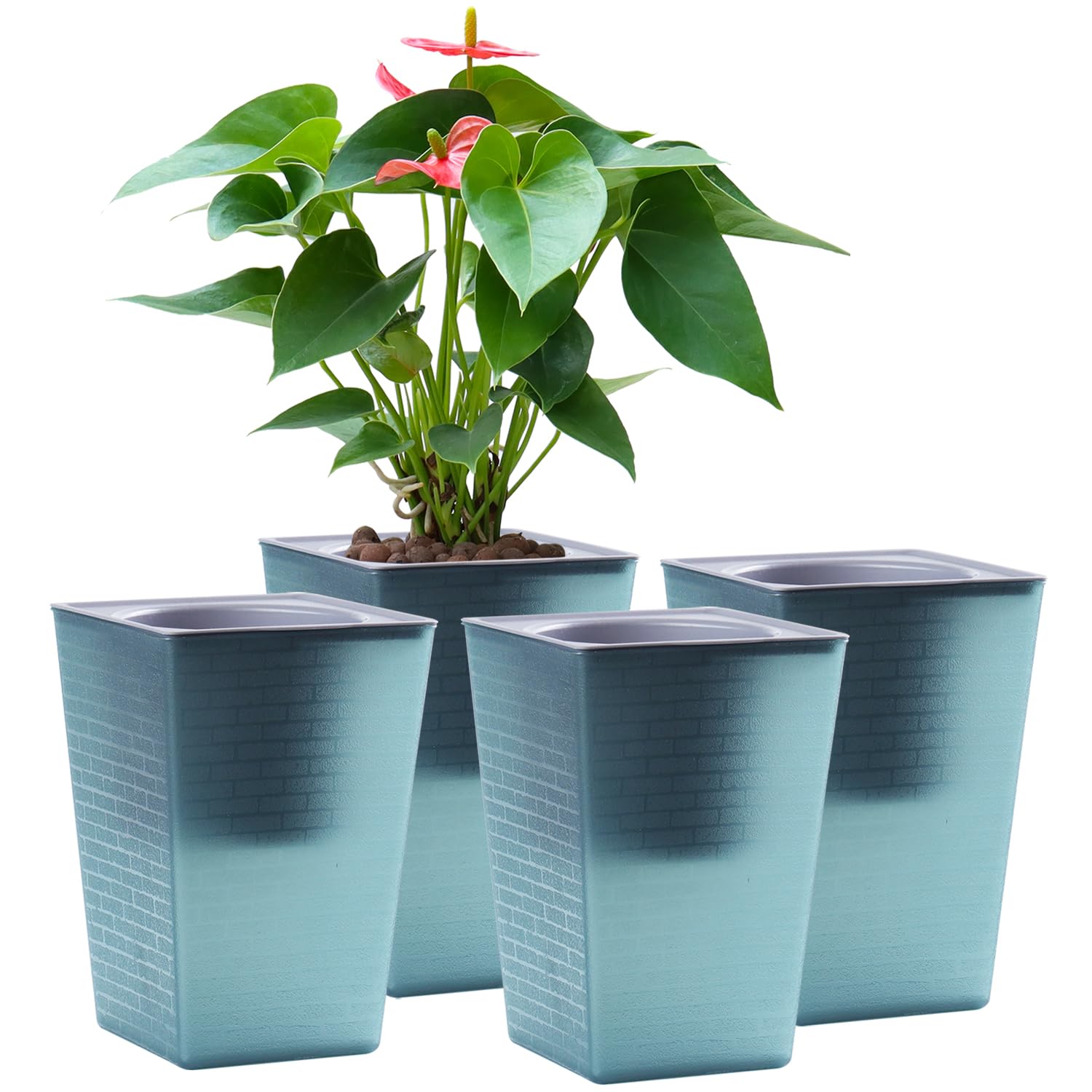 Photo 1 of Oliz Self Watering Planter 4-Pack, 6 Inch Plastic Flower Pots with Inner Pot | Brick Pattern Indoor Planters for African Violets, Herbs (Mint, Basil), Succulents, Small Orchids (Blue)