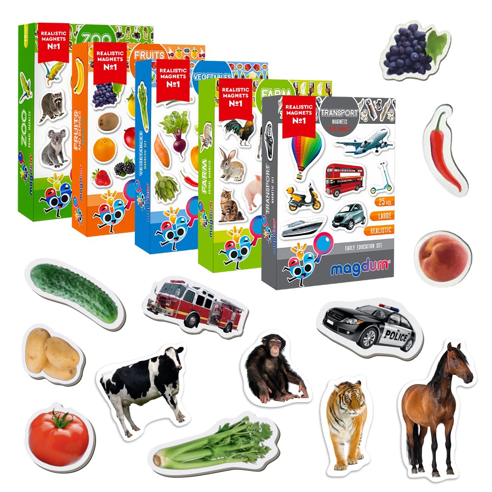 Fridge Magnets for Kids - 110 Zoo Farm Animals Fruits Vegetables Transport Magnets - Educational Learning Toy for Toddlers - Large Realistic Refrigerator Magnets - Gift - Strong Durable Safe Magnets