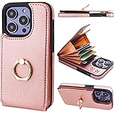 Folosu Compatible with iPhone 14 Pro Case Wallet with Card Holder, 360°Rotation Finger Ring Holder Kickstand, RFID Blocking Leather Protective Double Buttons Shockproof Cover 6.1 Inch Rose Gold