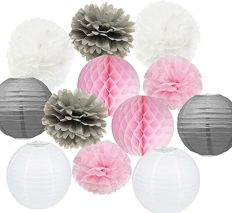 Rose Gris Blanc Kit De Décoration De Fête Papier De Soie Pom Pom Boule En Nid Dabeille Pour Mariage Douche Fille Anniversaire De Mariage Décoration