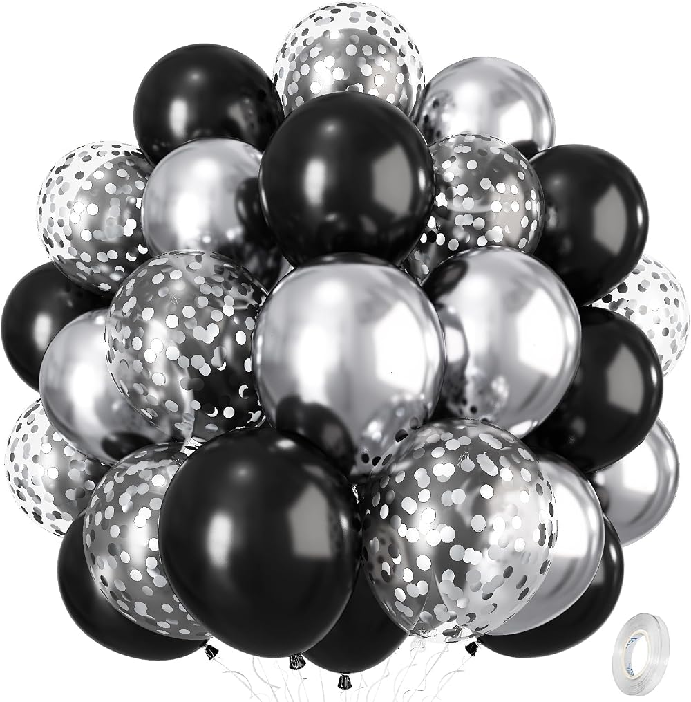 Isndare Black Silver Confetti Balloons 12in 35 Pcs Latex Helium Party Set